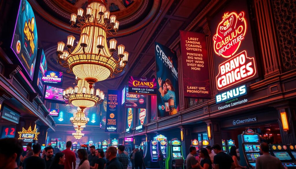A lavish casino lobby brimming with vibrant energy and captivating promotions. In the foreground, a grand chandelier casts a warm, inviting glow over a bustling crowd of high-rollers and casual gamblers. Against a backdrop of ornate architectural details and plush furnishings, promotional banners and neon signs advertise the latest tempting offers and bonuses. Immersive lighting and dynamic camera angles convey the excitement and allure of the hot casino floor, where the promise of big wins and special deals draws in players. An atmosphere of opulence and celebration permeates the scene, capturing the essence of a thrilling casino experience.