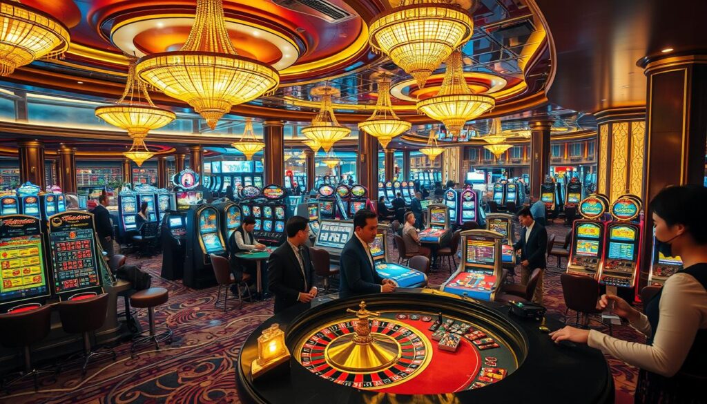 A lavish casino lobby filled with a diverse array of gaming options, from classic slot machines to vibrant table games. Luxurious chandeliers bathe the scene in a warm, golden glow, casting a sophisticated ambiance. Smartly dressed patrons engage in lively interactions, immersed in the excitement of the EVO Entertainment City experience. In the foreground, a high-stakes roulette table captivates onlookers, the spinning wheel and cascading chips creating a mesmerizing focal point. Surrounding the central gaming area, a variety of other diversions beckon, including poker tables, baccarat stations, and electronic gaming consoles. The overall impression is one of opulence, entertainment, and the thrill of chance that epitomizes the allure of this premier Taiwanese gaming destination.