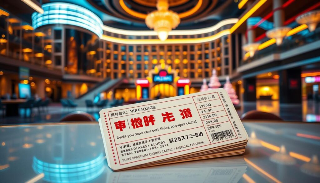 A lavish casino resort backdrop, with a sleek and modern architecture featuring glass facades, metallic accents, and neon lighting. In the foreground, a stack of casino package tickets with a prominent "華麗娛樂城特惠套票" title, showcasing a range of VIP amenities and promotional offers. The tickets are presented on a glossy surface, with a sense of luxury and exclusivity. The lighting is dramatic, with a mix of warm and cool tones, creating a visually striking and immersive scene that captures the essence of the premium online casino experience.