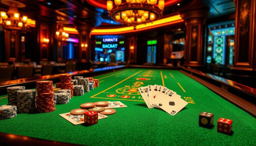 A lavish casino table, the green felt surface gleaming under warm, ambient lighting. Stacks of colorful chips, the iconic baccarat cards fanned out, and a pair of dice resting on the table's edge. The scene exudes an air of sophisticated elegance, inviting the viewer to step into the timeless world of the classic baccarat game. The table is framed by ornate, gilded detailing, hinting at the grand, old-world charm of the establishment. A sense of anticipation and excitement permeates the image, capturing the allure and traditions of this age-old casino pastime.