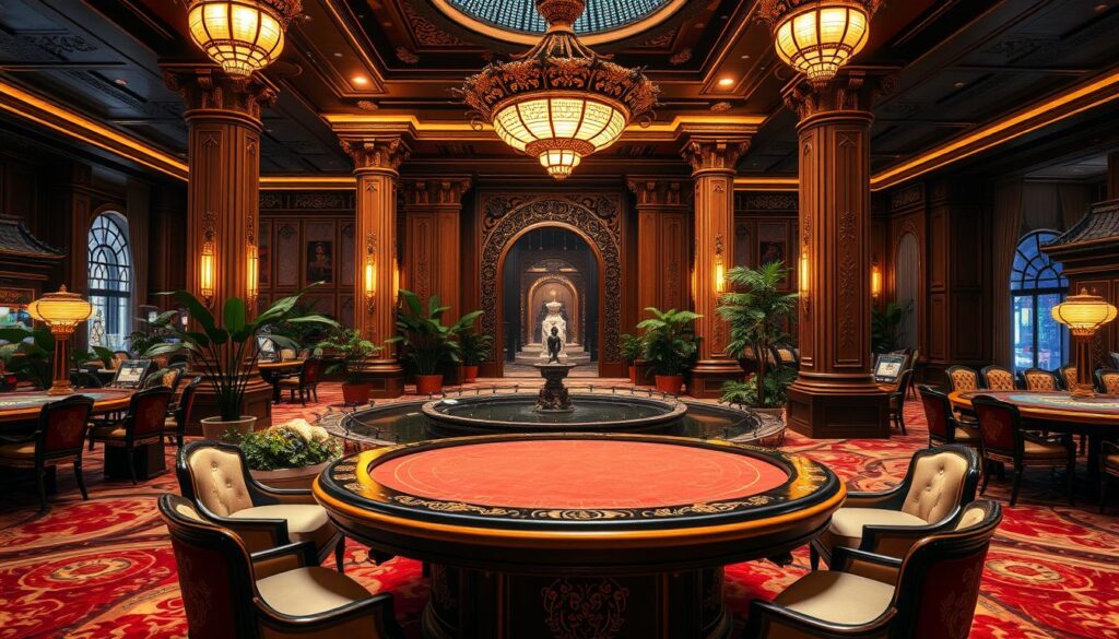 A lavish, high-end casino interior with a focus on traditional Taiwanese architecture and design. The foreground showcases an ornately decorated baccarat table surrounded by plush seating and elegant lighting fixtures. The middle ground features a calming water feature and lush foliage, creating a serene ambiance. The background depicts grand, intricate columns and archways, evoking a sense of grandeur and sophistication. The lighting is warm and inviting, casting a golden glow throughout the space. The overall atmosphere conveys an air of exclusivity, luxury, and cultural refinement, perfectly suited for a premier baccarat gaming establishment.