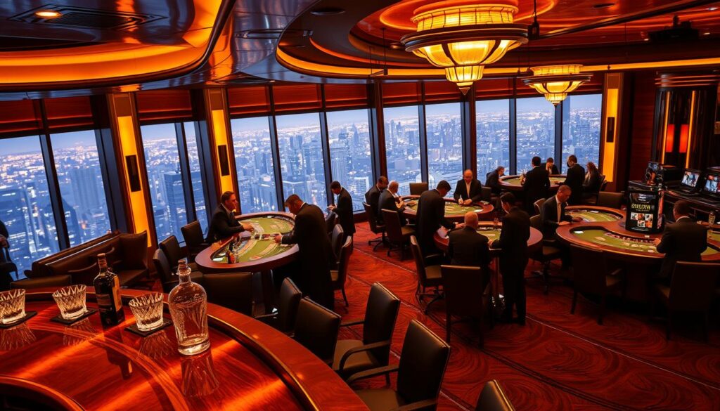 A lavish online casino interior, bathed in a warm, golden glow. The foreground features a sleek, curved mahogany bar with crystal tumblers and bottles of premium liquor. In the middle ground, high-stakes gaming tables are surrounded by well-dressed patrons, their faces alight with excitement as they place bets. The background reveals a panoramic view of a glittering cityscape through floor-to-ceiling windows, creating a sense of luxury and sophistication. The scene conveys the allure and convenience of online gambling, offering a premium experience from the comfort of one's own home.