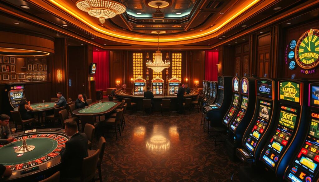 A lavish online casino interior, dimly lit with a warm glow. On the left, various gambling tables - roulette, blackjack, and poker - with players deeply engaged. In the center, a large curved bar where patrons sip on cocktails. The far right features an array of slot machines, their screens flashing alluring patterns. The atmosphere is charged with excitement and anticipation, the air thick with the scent of leather and mahogany. A high-end, sophisticated setting that evokes the thrill of chance and the promise of big payouts. Cinematic camera angle captures the scene with a sense of depth and grandeur, drawing the viewer into the captivating world of online casino gaming.