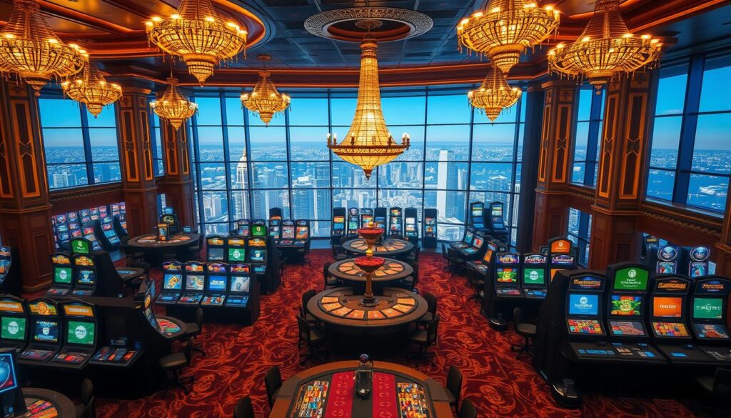 A lavish online casino interior with a variety of game tables and machines in the foreground. The middle ground features elegant chandeliers, ornate columns, and plush carpeting, creating a luxurious atmosphere. The background showcases panoramic views of a glittering cityscape through large windows, hinting at the high-stakes, thrilling nature of the gaming experience. The lighting is warm and inviting, casting a golden glow across the scene. The camera angle is slightly elevated, giving the viewer a sense of immersion and a bird's-eye perspective of the gaming floor. The overall mood is one of excitement, sophistication, and the allure of potential winnings.