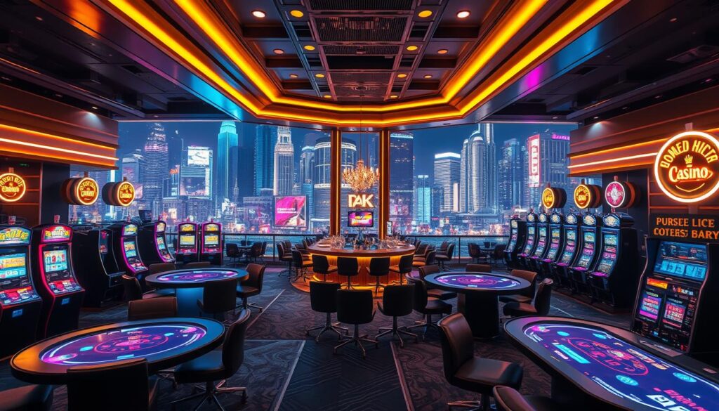 A lavish online casino lobby, with sleek neon-lit gaming tables, vibrant slot machines, and a glamorous ambiance. In the center, a high-roller's lounge with leather armchairs and a bar serving premium spirits. Surrounding the action, a panoramic view of a bustling cityscape at night, the skyline dotted with skyscrapers and illuminated billboards. A sense of excitement and luxury permeates the scene, inviting players to indulge in the thrill of the game. Warm, directional lighting casts a golden glow, while the camera angle captures the energy and anticipation of the casino floor. This image conveys the allure and prestige of the top online gaming destinations, catering to the sophisticated tastes of discerning players.