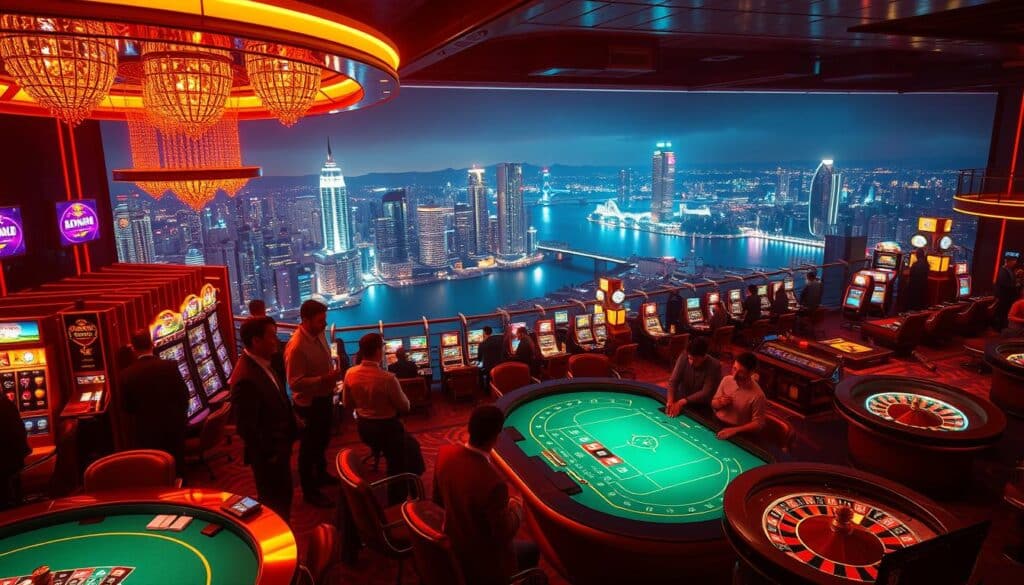 A lavish online casino scene, bathed in a warm glow of neon lights and stylish elegance. In the foreground, a group of well-dressed patrons gathered around a sleek, high-stakes gaming table, their faces illuminated by the dazzling green felt. In the middle ground, rows of shimmering slot machines and roulette wheels, creating a sense of excitement and anticipation. In the background, a panoramic view of a bustling cityscape, with skyscrapers and bright lights reflecting off the surface of a tranquil river. The entire scene conveys an air of luxury, sophistication, and the thrill of high-stakes entertainment, perfectly capturing the essence of a leading online casino experience.