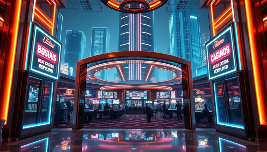 A lavish online casino with a large, inviting entrance in the foreground, surrounded by neon lights and signage. The interior is visible through the open doors, showcasing a lively scene of people enjoying various casino games like blackjack, roulette, and baccarat. The middle ground features display screens highlighting current promotions and bonuses for new players. The background has a sleek, modern cityscape with towering skyscrapers, creating an urban, sophisticated atmosphere. The lighting is warm and vibrant, creating a sense of excitement and anticipation. The overall composition conveys the allure and excitement of online casino gaming.