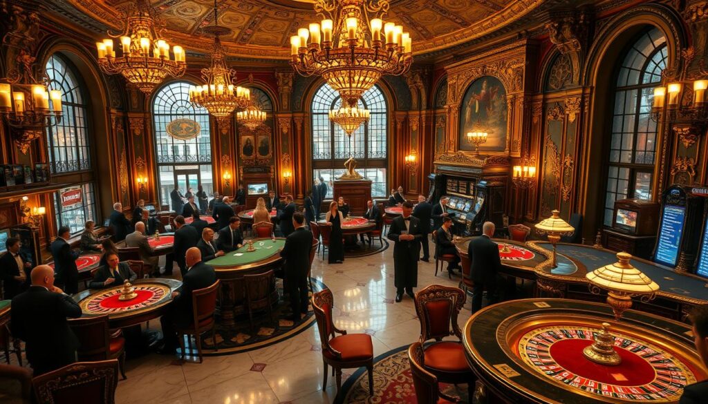 A lavish, ornate interior of a traditional European casino from the late 19th century. The intricate, gilded decor and grand chandeliers cast a warm, inviting glow across the marble floors and plush velvet furnishings. Patrons in formal attire gather around ornate gaming tables, their faces alight with excitement as they engage in high-stakes card games and roulette. Elegant service staff in tailored uniforms circulate, offering refreshments. Tall windows offer glimpses of the bustling streets outside, hinting at the casino's central role in the social and economic fabric of the city. An atmosphere of opulence, tradition, and the thrill of chance permeates the scene.