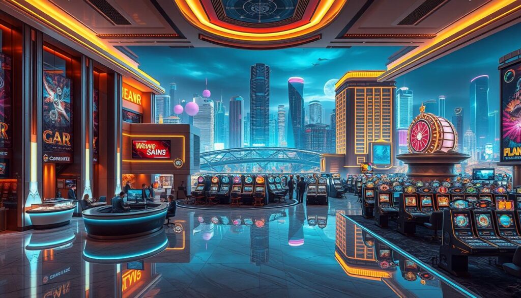 A lavish, state-of-the-art online entertainment city, complete with sleek, futuristic architecture and cutting-edge technology. In the foreground, a stylish, well-appointed lobby with high ceilings, gleaming marble floors, and a concierge desk. The middle ground showcases a sprawling gaming floor, with high-definition displays, immersive virtual reality stations, and a diverse array of premium table games and slot machines. In the background, a panoramic view of the city skyline, with towering skyscrapers, neon lights, and a dynamic nightlife scene. The overall atmosphere is one of sophistication, excitement, and the pinnacle of luxury entertainment.
