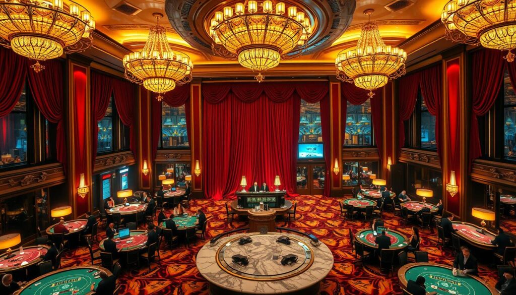 A lavishly decorated Baccarat gaming hall, bathed in a warm, inviting glow. Plush red velvet curtains frame a panoramic view of elegantly appointed gaming tables, each surrounded by smartly dressed players engaged in the thrilling game of Baccarat. Gleaming chandeliers cast a soft, amber light, complementing the rich wood tones and gilded accents that exude an air of refined sophistication. In the center, a grand marble bar serves as the social hub, where patrons sip fine spirits and take in the electric atmosphere. Captured through the lens of a high-end DSLR camera, this image conveys the allure and exclusivity of a premier Baccarat casino destination.