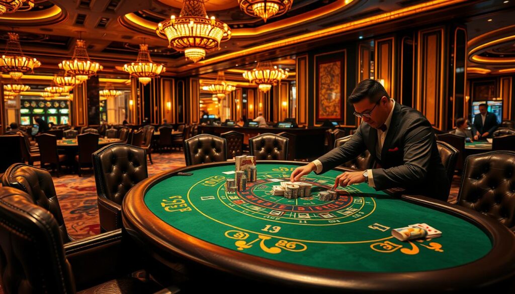 A lavishly decorated Baccarat table in a lush Macau casino, bathed in warm, golden lighting. The green felt surface is adorned with elegant patterns, surrounded by plush, leather-upholstered chairs. The dealer, dressed impeccably, shuffles a deck of cards with skilled precision, ready to guide players through the game's timeless rules and strategies. In the background, the opulent casino interior is visible, with ornate chandeliers and gilded accents creating an atmosphere of sophistication and high-stakes allure. The overall scene conveys the essence of Baccarat, a game of chance and skill that has captivated generations of casino enthusiasts.