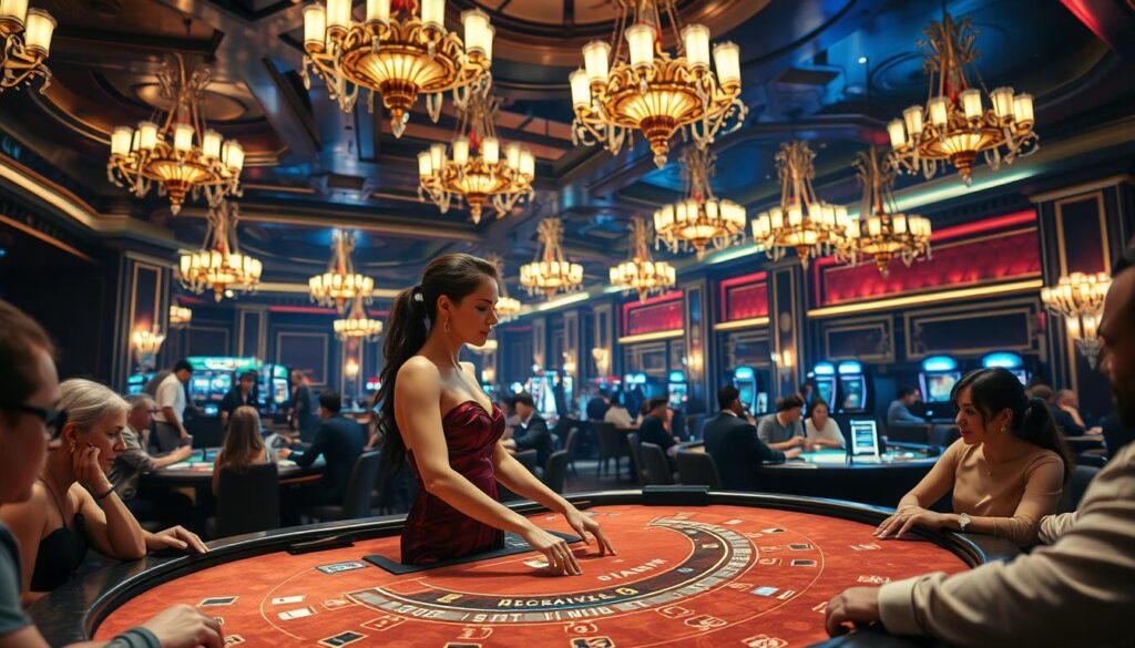 A lavishly decorated casino interior, with ornate chandeliers casting a warm glow over the gaming tables. At the center, a stunning live dealer, dressed in an elegant evening gown, presides over a lively game of Baccarat, her graceful movements captivating the players. The table is surrounded by patrons, immersed in the thrill of the game, their expressions a mix of concentration and excitement. The overall atmosphere is one of opulence and sophistication, transporting the viewer to the heart of a luxurious real-world casino experience.