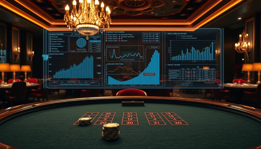 A lavishly detailed and meticulously crafted image depicting a sophisticated analysis of baccarat odds and payouts. In the foreground, a richly textured baccarat table with felt surfaces and gleaming wooden edges, surrounded by an array of betting chips in various denominations. In the middle ground, a holographic display projecting dynamic statistical visualizations, charts, and simulations, illustrating the complex probability distributions and payout structures of the game. The background is a dimly lit, elegantly appointed casino interior, with plush upholstery, crystal chandeliers, and the subtle glow of gaming tables. The lighting is dramatic, with deep shadows and highlights accentuating the high-stakes atmosphere. The overall scene conveys a sense of sophisticated analysis, strategic depth, and the allure of the baccarat experience.