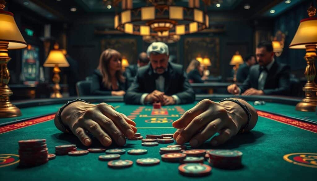 A lavishly detailed illustration of common baccarat betting mistakes, depicting a dimly lit casino table with plush green felt, gilded edges, and softly glowing table lamps. In the foreground, a player's hands rest on the table, their chips scattered haphazardly, conveying a sense of frustration and poor strategy. The middle ground shows other players observing thoughtfully, their expressions a mix of concentration and mild concern. The background features the blurred silhouettes of casino staff and patrons, creating an atmosphere of high-stakes gaming and cautionary lessons. Crisp, realistic rendering with dramatic chiaroscuro lighting, subtle depth of field, and a muted color palette evokes the tense, educational mood of the scene.
