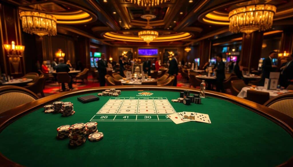 A lavishly detailed tabletop scene showcasing the scoring methods of the classic casino game Baccarat. In the foreground, a green felt gaming table is prominently displayed, adorned with ornate wooden edges and a subtle textured pattern. Atop the table, an array of chips, playing cards, and a traditional Baccarat score sheet are neatly arranged, inviting the viewer to imagine the game in progress. The middle ground features a luxurious, dimly lit casino interior, complete with plush furnishings, gilded accents, and strategically placed lighting fixtures that cast a warm, inviting glow across the scene. In the background, a panoramic view of the casino floor can be seen, populated with elegantly dressed patrons engaged in the excitement of the game. The overall mood is one of refined sophistication and the thrill of high-stakes casino gaming.
