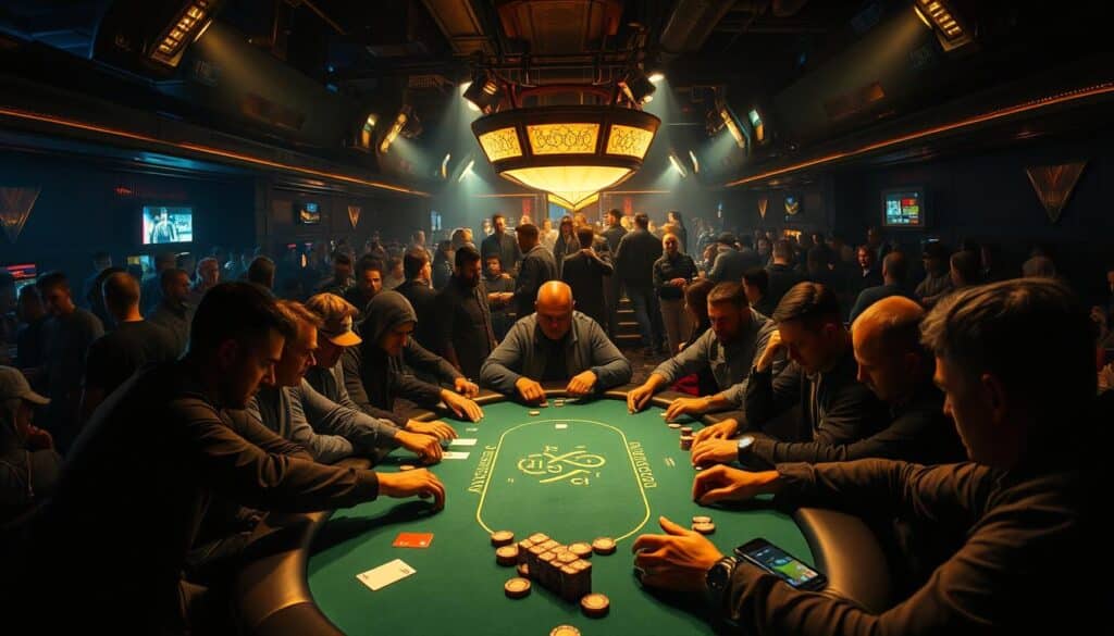 A lively Texas Hold'em poker tournament scene in a dimly lit casino. At the center, a group of players gathered around a green felt table, intensely focused on their cards and chips. Spotlights cast dramatic shadows, creating an atmosphere of high stakes and tension. In the background, a crowd of spectators watch the action unfold, their expressions a mix of excitement and anticipation. The table is illuminated by warm, golden lighting, evoking the classic ambiance of a Vegas-style poker room. The players' faces are partially obscured, adding an air of mystery and strategy to the game. The perspective is slightly elevated, giving a panoramic view of the dynamic scene.