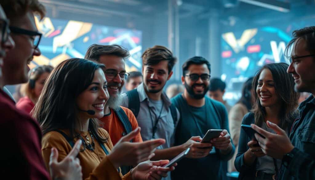 A lively and dynamic scene of online entertainment enthusiasts sharing their experiences and reviews. In the foreground, a group of diverse individuals intently engaged in conversation, their expressions animated and genuine. The middle ground features a sleek, modern digital interface, hinting at the seamless integration of technology and user experience. In the background, a vibrant and immersive virtual environment, conveying the sense of immersion and excitement associated with the online entertainment industry. Soft, diffused lighting sets a welcoming and inviting atmosphere, while a high-resolution, wide-angle lens captures the scene in vivid detail, showcasing the camaraderie and passion of the users.