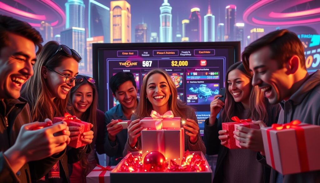 A lively and engaging scene of a vibrant online casino promotion. In the foreground, a group of enthusiastic players eagerly opening gift boxes, their faces alight with joy and anticipation. The middle ground showcases a sleek, modern casino interface, complete with flashing lights and dynamic animations, creating an atmosphere of excitement and anticipation. The background features a backdrop of futuristic cityscapes and neon-lit skyscrapers, hinting at the high-tech and immersive nature of the online gaming experience. The lighting is soft and warm, creating a welcoming and inviting ambiance, while the composition is dynamic and visually engaging, drawing the viewer's attention to the core activity of the promotional event.
