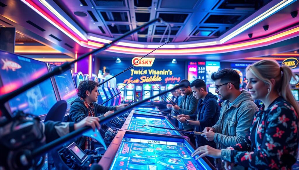 A lively and vibrant fishing game scene set in a bustling online casino. In the foreground, a group of players engrossed in a thrilling virtual fishing expedition, their expressions animated and competitive as they reel in their catches. In the middle ground, the casino's sleek and modern interior serves as the backdrop, with neon-lit gaming tables and slot machines hinting at the excitement of the larger gambling experience. The lighting is bright and energetic, casting a dynamic glow over the entire scene and creating a sense of immersion and engagement. The camera angle is slightly elevated, providing a panoramic view that captures the scale and energy of the popular online gaming activity. Overall, the image conveys the captivating and addictive nature of this cutting-edge digital entertainment trend.