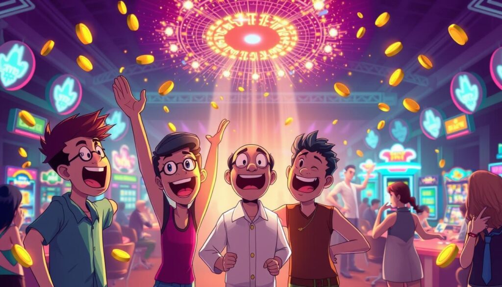 A lively and vibrant illustration depicting the impact of bonus and reward programs on online casino gaming profitability. In the foreground, a group of animated characters enthusiastically celebrate a cash windfall, their expressions radiating excitement and joy. The middle ground showcases a detailed casino gaming scene, with players engrossed in various table and slot games, their attention rapt. In the background, a shimmering halo of golden coins and glittering lights creates an atmosphere of prosperity and success. The lighting is warm and inviting, with a soft focus that draws the eye towards the central focal point. The overall composition conveys a sense of energy, dynamism, and the allure of potential wealth generation through strategic bonus and reward strategies in online casino gaming.