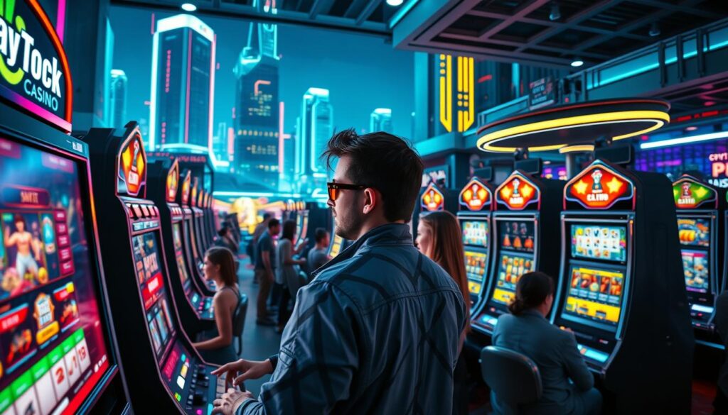 A lively and vibrant online casino scene, captured in a dynamic wide-angle shot. In the foreground, players engage with sleek digital interfaces, their faces illuminated by the glow of screens. In the middle ground, flashing lights and animated slot machines create a sense of energy and anticipation. The background frames the scene with a futuristic cityscape, modern architecture, and a vibrant, neon-infused atmosphere. The overall mood is one of excitement, immersion, and the thrill of real-time entertainment, reflecting the advantages of an innovative online casino platform.