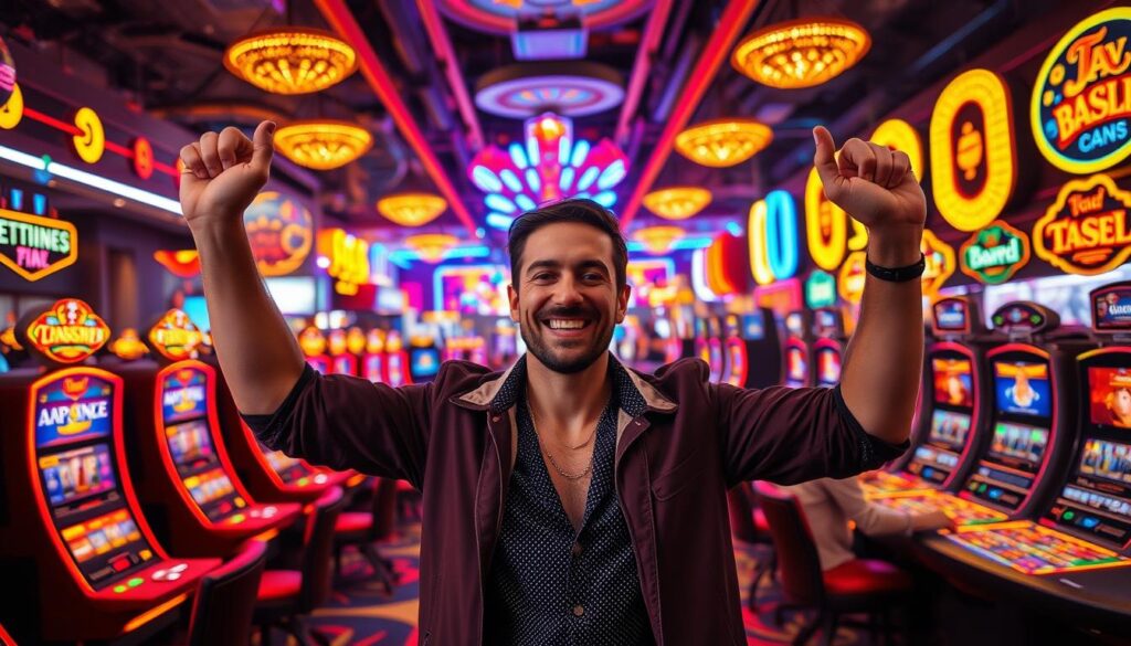 A lively, bustling casino scene with a triumphant player at the center, surrounded by the excitement and energy of the gaming tables. The player's face radiates a sense of pride and accomplishment, having just won a significant jackpot. The background is filled with the vibrant lights and colorful decor of the casino, creating a visually striking and immersive atmosphere. Sophisticated lighting casts a warm, golden glow over the scene, heightening the sense of celebration and success. The composition draws the viewer's eye towards the player, highlighting their moment of triumph amidst the dynamic casino environment.