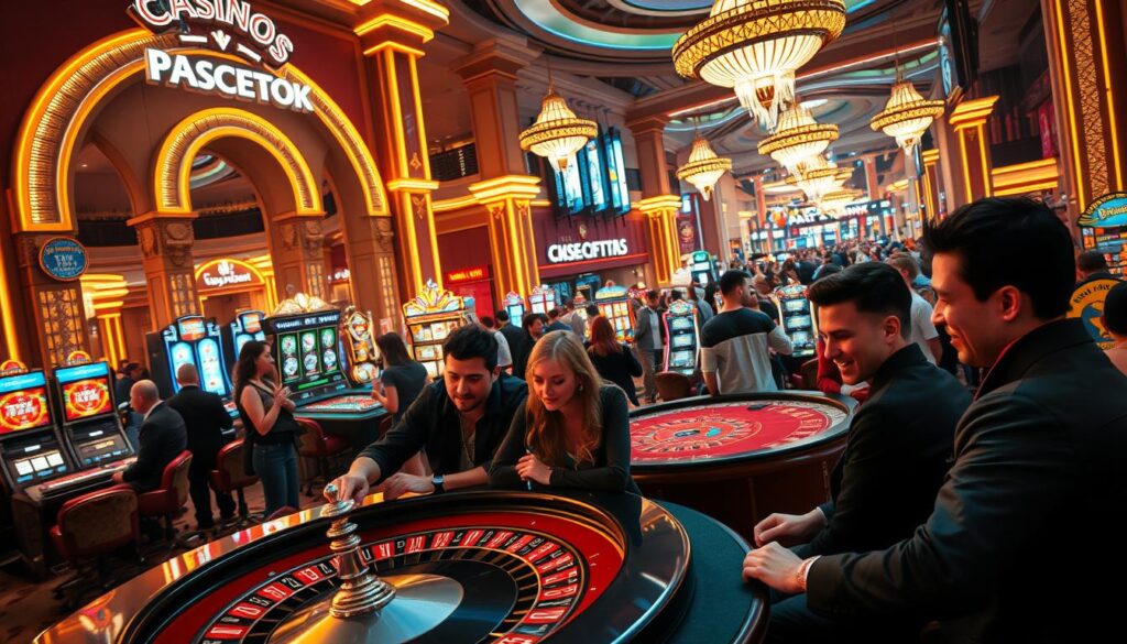 A lively casino gaming landscape, featuring a prominent casino facade with neon lights and grand archways. In the foreground, a group of players engages enthusiastically at a roulette table, their expressions animated and intent. The middle ground showcases a range of classic casino games, including blackjack, baccarat, and slot machines, each with their own unique allure. The background depicts a bustling atmosphere, with crowds of people moving through the casino, generating an air of excitement and anticipation. The lighting is warm and inviting, creating a sense of energy and dynamism throughout the scene. The camera angle is slightly elevated, allowing for a comprehensive view of the gaming environment.