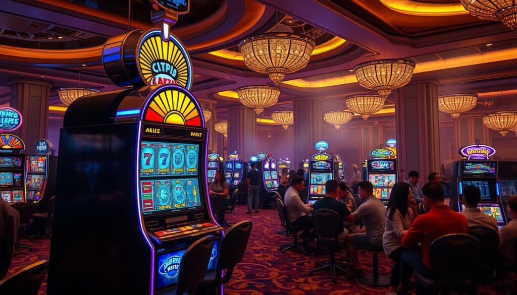 A lively casino scene with a vibrant slot machine as the centerpiece. The machine's brightly lit display flashes with mesmerizing patterns and symbols, creating an aura of excitement and anticipation. In the foreground, a group of players huddle around the machine, their expressions conveying a mix of concentration and thrill. The middle ground features the elegant and sophisticated casino interior, with plush carpets, gilded accents, and a sense of luxury and grandeur. In the background, a softly lit atmosphere sets the mood, with hazy lighting and a subtle haze suggestive of the alluring and addictive nature of the slot machine experience. The overall scene captures the irresistible charm and captivating allure of the classic slot machine game.