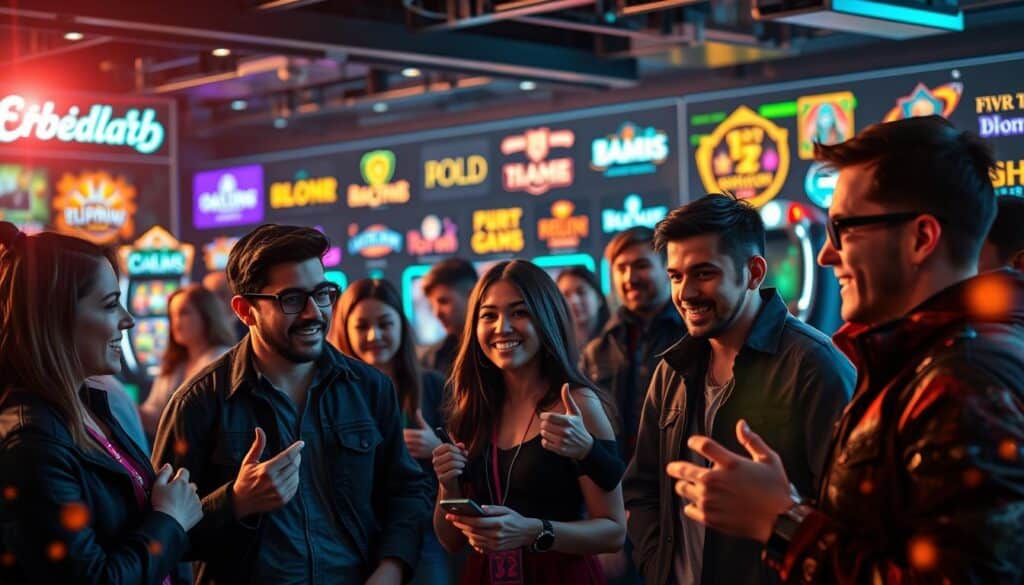 A lively community of online gamers, engaged in passionate discussions about their favorite casino game experiences. In the foreground, a group of players animatedly sharing their feedback and ratings, their expressions ranging from excitement to contemplation. In the middle ground, an array of colorful game icons and logos, reflecting the diverse portfolio of top-tier entertainment brands. The background features a sleek, modern gaming lounge setting, with dynamic lighting and a sense of energy and interconnectivity. Lens flares and subtle bokeh effects create a sense of depth and visual interest, capturing the vibrant atmosphere of the gaming community.