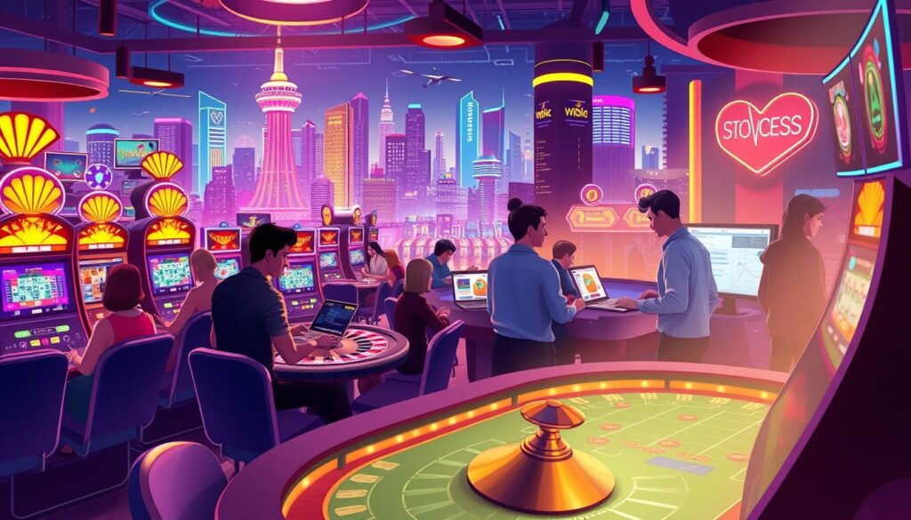 A lively illustration showcasing the success story of a thriving online casino's marketing campaign. In the foreground, a vibrant casino scene with patrons enjoying the excitement of slot machines, roulette tables, and poker games, all bathed in a warm, inviting glow. In the middle ground, a team of digital marketers collaborating, using laptops and analytics dashboards to track the campaign's performance. The background features a dynamic cityscape, highlighting the casino's prominent online presence and reach. The lighting is a harmonious blend of neon accents and soft, diffused illumination, creating an energetic yet polished atmosphere. The overall composition conveys a sense of triumph, innovation, and the successful fusion of traditional casino entertainment with cutting-edge digital marketing strategies.