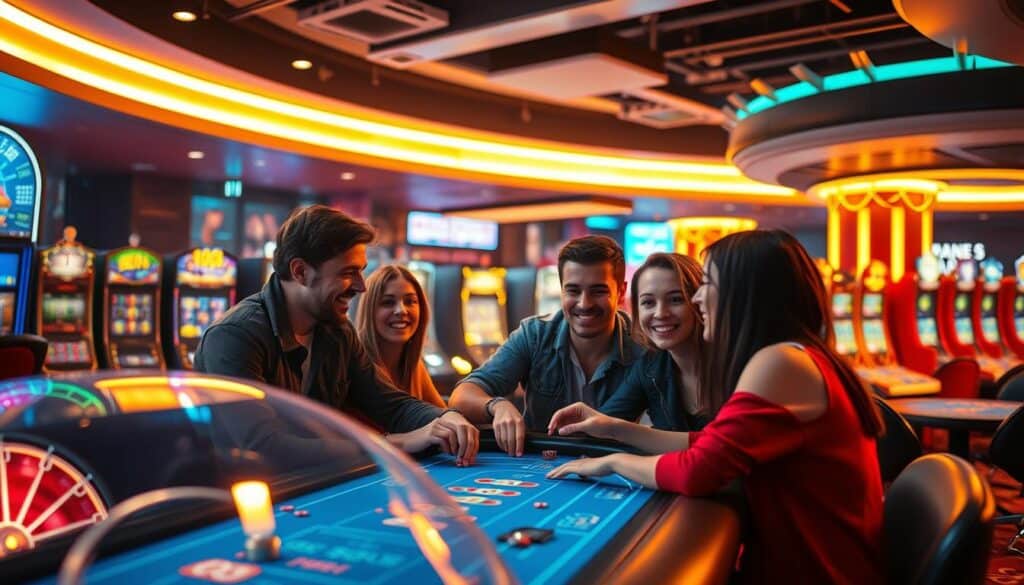 A lively online casino scene, bathed in a warm, inviting glow. In the foreground, a group of friends gathered around a virtual gaming table, their faces animated with laughter and camaraderie as they engage in a spirited round of their favorite casino game. The middle ground features a diverse array of gaming options, from slot machines to table games, all rendered with meticulous detail and vibrant colors. The background showcases a sleek, modern casino interior, complete with mood lighting and a stylish ambiance that evokes a sense of sophisticated entertainment. The overall impression is one of social connection, dynamic interaction, and the thrill of the gaming experience.