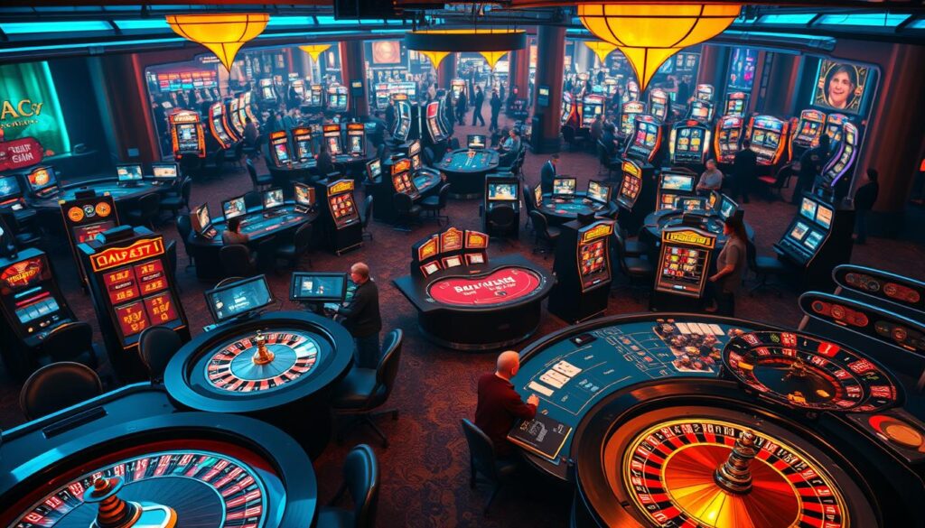 A lively online casino scene, bathed in warm, ambient lighting. In the foreground, an array of gaming tables are in full swing - roulette wheels spinning, cards being dealt, and chips stacking high. The middle ground showcases a variety of classic casino games like blackjack, baccarat, and slot machines, each with their own distinctive visuals and thrilling interactivity. In the background, a panoramic view of the casino floor unfolds, bustling with patrons engrossed in the thrilling atmosphere. The overall mood is one of excitement, anticipation, and the promise of unexpected rewards.