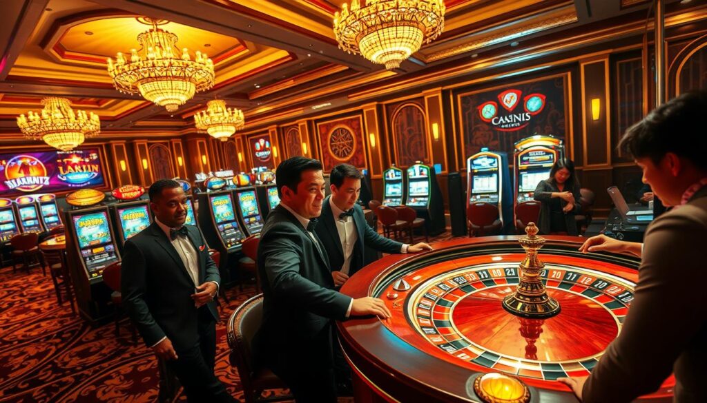 A lively online casino scene with players engaged in various table games and slot machines. The foreground features a group of well-dressed individuals gathered around a roulette table, their expressions animated as they watch the spinning wheel. In the middle ground, rows of slot machines flashing alluring lights and symbols catch the eye. The background is a luxurious casino interior with ornate chandeliers, plush carpeting, and elegant decor, creating an atmosphere of excitement and sophistication. Warm, golden lighting illuminates the scene, casting a inviting glow. The overall impression is one of an immersive and engaging online gambling experience.