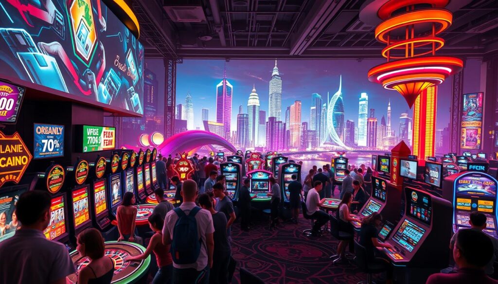 A lively online casino-themed event scene, with a vibrant and captivating atmosphere. In the foreground, a group of people enjoying a variety of casino games, such as roulette, blackjack, and slot machines, against a backdrop of neon lights and digital displays. The middle ground features interactive digital kiosks and virtual experiences, while the background showcases a dynamic cityscape with skyscrapers and futuristic architecture, all bathed in a warm, inviting glow. The lighting is a perfect balance of dramatic shadows and vibrant highlights, creating a sense of energy and excitement. The lens captures the scene from a slightly elevated angle, providing a comprehensive view of the event's engaging and immersive nature.
