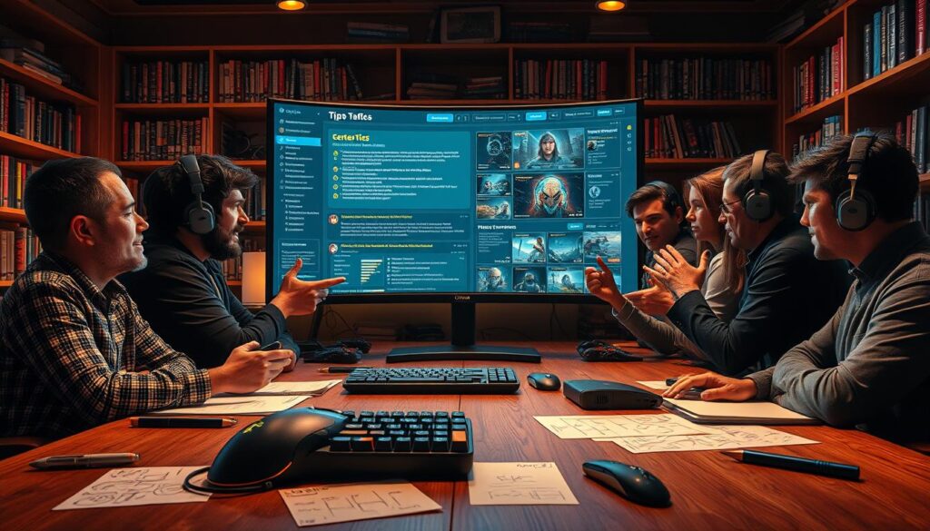 A lively online gaming community forum, with a warm, inviting atmosphere. Soft lighting illuminates a large, curved desktop display showcasing a variety of gaming tips and techniques. A group of passionate gamers huddle around, gesturing animatedly as they discuss their latest strategies and share hard-won insights. In the foreground, a well-used gaming mouse and keyboard sit atop a wooden table, surrounded by organized notes and diagrams. The background features bookshelves filled with gaming references and peripherals, creating a sense of depth and expertise. The overall scene conveys a productive, collaborative environment where gamers can learn from each other and hone their skills.
