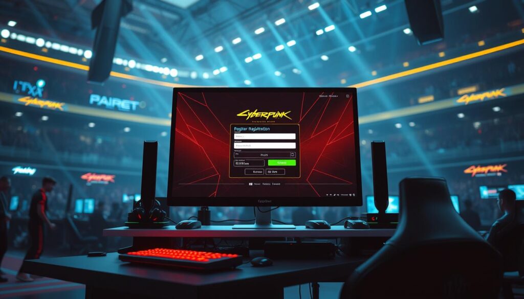 A lively online gaming tournament registration scene showcasing a sleek, minimalist gaming station with a large, high-resolution monitor displaying the registration interface. Surrounded by brightly colored gaming peripherals, the station is situated in a modern, well-lit esports arena, with spectators visible in the background. The atmosphere is charged with excitement and anticipation, with a sense of professional-grade production and high-stakes competition.