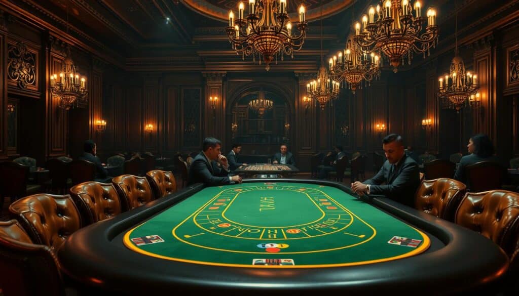 A lush, dimly lit casino interior, with a centered baccarat table illuminated by warm, focused lighting. The table is adorned with a green felt surface and gilded edges, surrounded by elegant leather chairs. In the background, a backdrop of ornate woodwork and chandeliers sets the mood of a high-class establishment. The players, dressed in formal attire, are engaged in the game, their faces reflecting the thrill and concentration of the moment. The overall atmosphere conveys the refined sophistication and excitement of the classic baccarat experience.