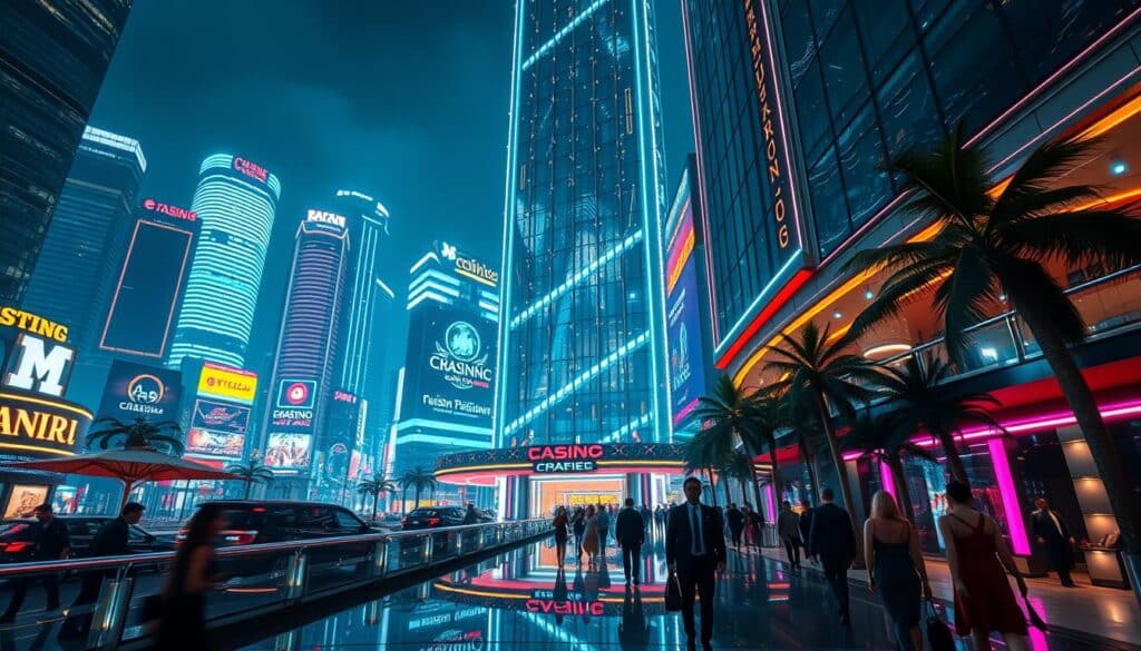 A lush, modern metropolis at night, the bustling lights of a thriving online entertainment hub illuminating the cityscape. In the center, a towering, state-of-the-art casino complex stands tall, its sleek, glass facade reflecting the neon glow of the surrounding skyscrapers. Elegant, well-dressed patrons stroll through the grand entrance, drawn by the promise of high-stakes thrills and immersive digital experiences. The scene exudes an air of sophistication, blending the physical and virtual realms seamlessly, showcasing the necessity of a premier online gaming platform in the contemporary entertainment landscape.
