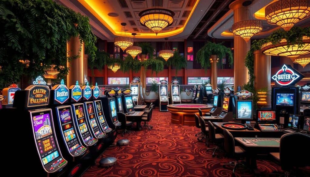 A lush, modern online casino interior with a variety of gaming options laid out in an organized, visually appealing manner. In the foreground, slot machines and table games like blackjack and roulette are displayed in high detail, their flashing lights and elegant designs capturing the excitement of casino gaming. The middle ground features larger-than-life 3D models of popular casino games such as poker and baccarat, while the background showcases a panoramic view of the casino floor, complete with lavish decor, lush greenery, and warm, ambient lighting that creates a welcoming, luxurious atmosphere. The overall composition conveys the breadth and allure of the online casino gaming experience.