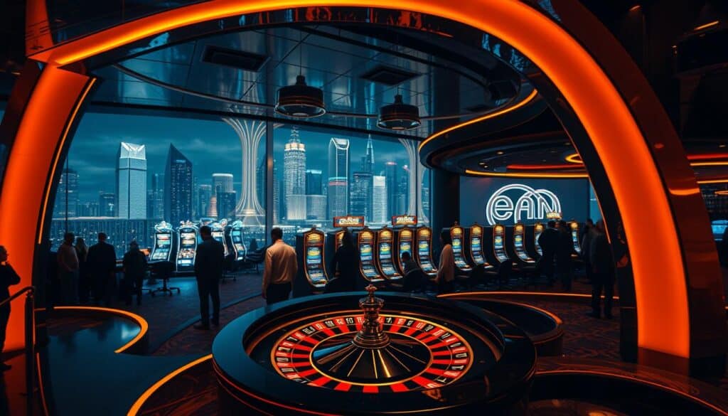 A lush, neon-lit casino interior with a modern, sleek design. In the foreground, a roulette table surrounded by patrons eagerly placing their bets, the spinning wheel casting enchanting shadows. In the middle ground, rows of slot machines flashing and chiming, beckoning players to try their luck. The background features a panoramic view of the city skyline, its towering skyscrapers glittering against a night sky. Warm, golden lighting illuminates the scene, creating an atmosphere of anticipation and excitement. The camera angle is slightly elevated, giving a sense of grandeur and immersion. The overall mood is one of sophistication, affluence, and the allure of high-stakes gaming.