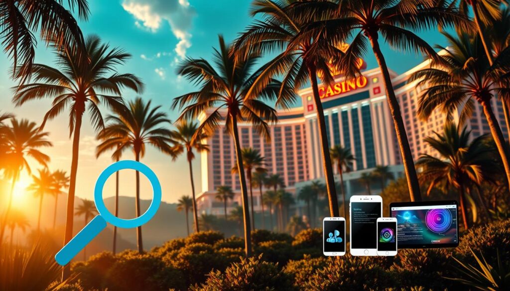 A lush, verdant landscape with towering palm trees and a sprawling casino resort in the background. The foreground features a stylized magnifying glass icon, symbolizing the importance of search engine optimization (SEO) for the casino's online presence. Warm, golden lighting filters through the scene, creating a serene and inviting atmosphere. The middle ground showcases sleek, modern web browsers and mobile devices, highlighting the casino's digital channels. The overall composition conveys the significance of effective SEO in driving traffic and engagement for the entertainment destination.