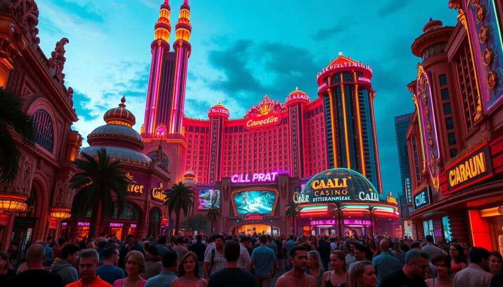 A lush, vibrant landscape of a bustling casino complex, the "Cali Entertainment City" stands tall and proud. The ornate architecture, adorned with intricate carvings and shimmering gold details, exudes an air of opulence and grandeur. Towering neon-lit towers pierce the evening sky, their vibrant hues casting a warm glow over the surrounding area. In the foreground, a thriving crowd of patrons spills out onto the streets, their faces alight with excitement and anticipation. The scene is alive with the energy of a thriving entertainment hub, inviting viewers to immerse themselves in the excitement and allure of this renowned casino destination.