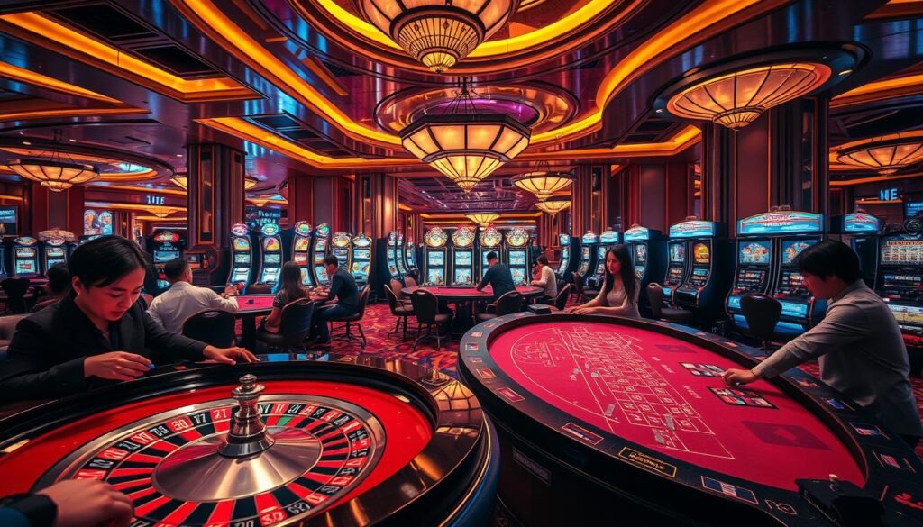 A luxurious Macau casino interior bathed in warm, ambient lighting. In the foreground, a lively roulette table with players eagerly placing their bets, their faces alight with anticipation. The middle ground features a high-stakes baccarat game, the players' expressions intense as they scrutinize their cards. In the background, slot machines beckon with their hypnotic flashing lights and the sounds of cascading coins. The atmosphere is electric, infused with a sense of high-stakes excitement and the thrill of the game. The scene evokes the allure and energy of Macau's world-renowned casino culture, catering to the preferences of Taiwanese players.