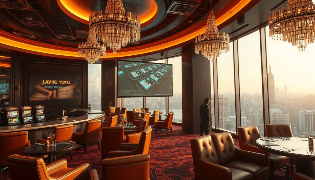 A luxurious VIP lounge with plush leather chairs, a sleek bar, and a large projection screen displaying the latest casino games. Soft, warm lighting casts a welcoming glow, while floor-to-ceiling windows offer a panoramic view of a bustling city skyline. Elegant crystal chandeliers hang overhead, adding a touch of sophistication. A team of attentive servers stands ready to cater to the VIP members' every need, offering complimentary drinks and exclusive perks. The atmosphere exudes an air of exclusivity and privilege, inviting players to indulge in the ultimate gaming experience.