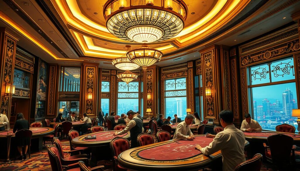 A luxurious and elegant casino interior with a stunning high-ceilinged lobby featuring ornate chandeliers casting a warm glow. Plush velvet-upholstered chairs and tables line the gaming floor, where patrons engage in a thrilling game of baccarat. Experienced croupiers in crisp uniforms carefully deal the cards, creating an atmosphere of refined sophistication. The room is adorned with gilded accents, intricate moldings, and large windows offering views of a vibrant city skyline outside. An overall sense of exclusivity and luxury pervades the space, capturing the essence of a premier Taiwanese baccarat casino.