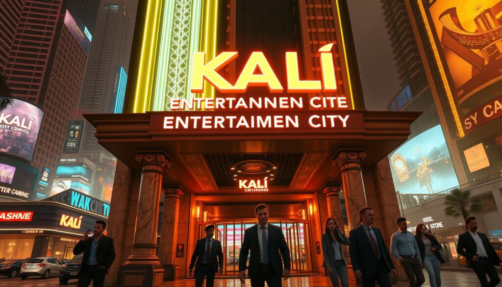A luxurious casino facade with a towering neon sign that reads "Kali Entertainment City" set against a vibrant, bustling cityscape. The entrance is flanked by ornate marble columns and a grand porte-cochère, creating an air of opulence. The scene is bathed in a warm, golden light, casting a welcoming glow across the scene. In the foreground, well-dressed patrons stroll casually, anticipation and excitement evident on their faces. The overall atmosphere conveys a sense of sophisticated entertainment and indulgence, reflecting the high-end nature of the gaming establishment.