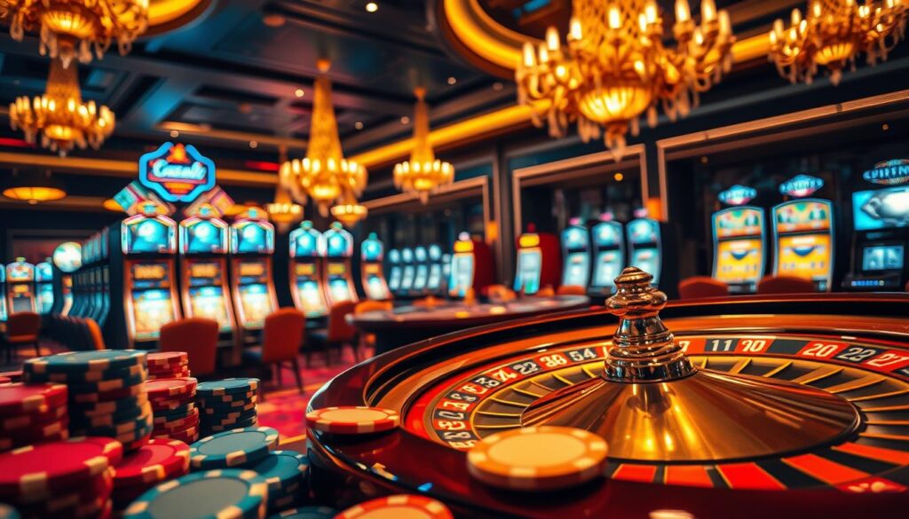 A luxurious casino interior bathed in warm, golden lighting. The foreground showcases a variety of casino chips in different denominations, each with a distinct pattern and hue. In the middle ground, a roulette wheel spins slowly, its polished surface gleaming. Behind it, rows of slot machines line the walls, their screens flickering with enticing imagery. In the background, elegant chandeliers hang from the high ceilings, casting a soft, ambient glow over the scene. The overall atmosphere exudes a sense of opulence, excitement, and the thrill of potential winnings.
