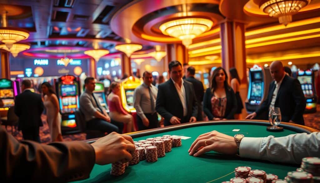 A luxurious casino interior bathed in warm, inviting lighting. In the foreground, a dealer carefully shuffles a deck of cards on a pristine green felt table, the surrounding gaming chips neatly arranged. In the middle ground, well-dressed patrons gather around the table, expressions of anticipation and excitement. The background reveals a panoramic view of the casino floor, with rows of vibrant slot machines and the occasional flash of neon signage. The overall atmosphere is one of high-stakes thrills and exclusive, VIP-level experiences, capturing the essence of a premier online casino's promotional offerings.