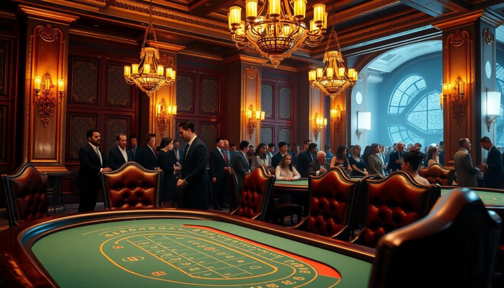A luxurious casino interior, dimly lit with a warm amber glow from ornate chandeliers. The foreground features a baccarat table, the green felt surface reflecting the light. Elegant high-backed chairs surround the table, their deep burgundy leather upholstery adding a touch of sophistication. In the middle ground, a crowd of well-dressed patrons observes the game intensely, their faces a mix of concentration and excitement. The background showcases the grandeur of the casino, with intricate gold-leaf moldings, ornate wall sconces, and sweeping marble columns. A sense of elegance, indulgence, and the thrill of high-stakes gaming pervades the scene.