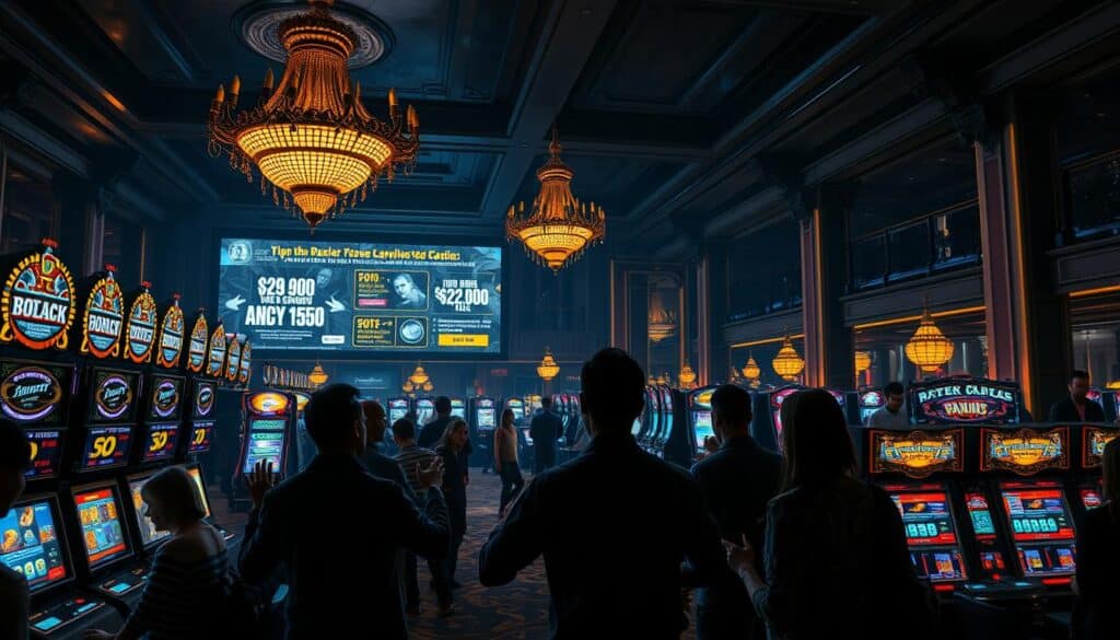 A luxurious casino interior, dimly lit with dramatic shadows and highlights. In the foreground, a group of patrons engrossed in animated discussions, gesturing towards a central display showcasing various promotional offers and bonuses. The middle ground features rows of slot machines and gaming tables, their screens and lights creating a mesmerizing visual effect. In the background, a large, ornate chandelier casts a warm glow, accentuating the rich, ornate decor of the venue. The overall atmosphere conveys a sense of excitement and anticipation, as the players weigh the impact of the promotional activities on their gaming experience and the casino's overall rating.